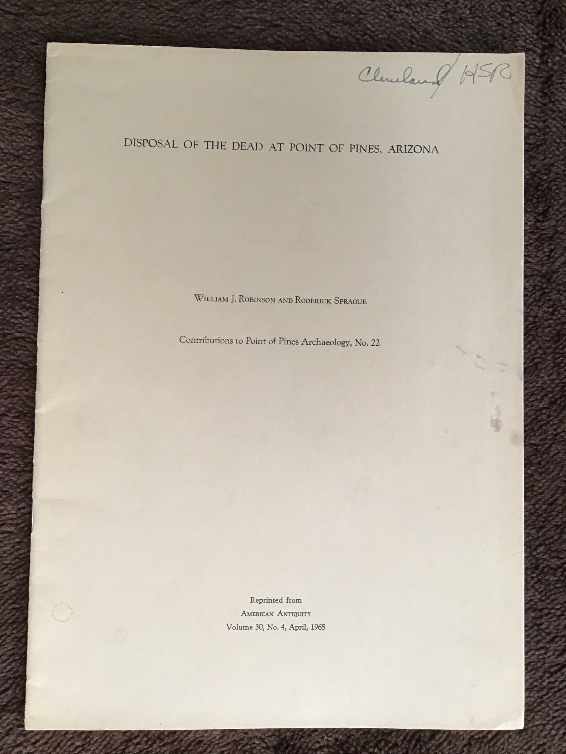 Disposal of the Dead at Point of Pines, Arizona (Pamphlet)