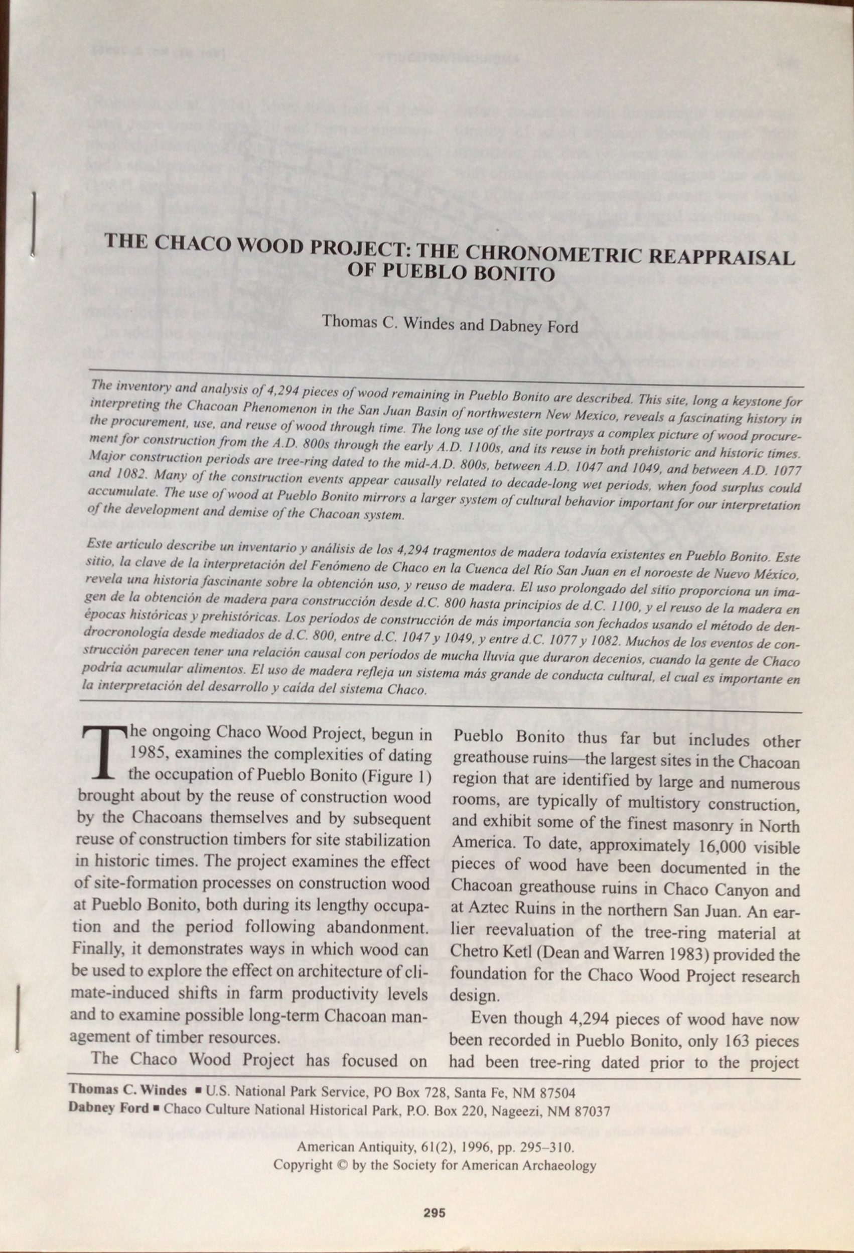 The Chaco Wood Project: The Chronometric Reappraisal of Pueblo Bonito (Pamphlet)