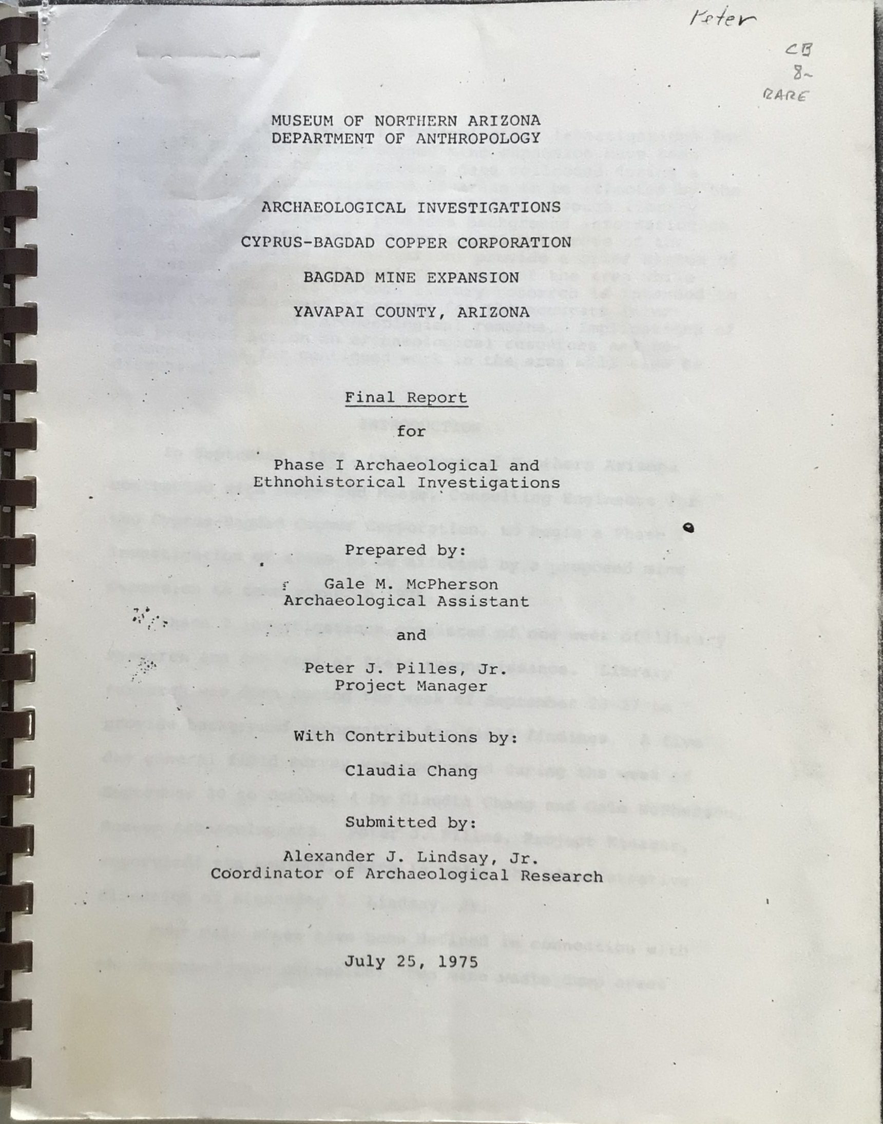 Archaeological Investigations: Cyprus-Bagdad Copper Corporation Bagdad Mine Expansion, Yavapai County, Arizona (Photocopy)